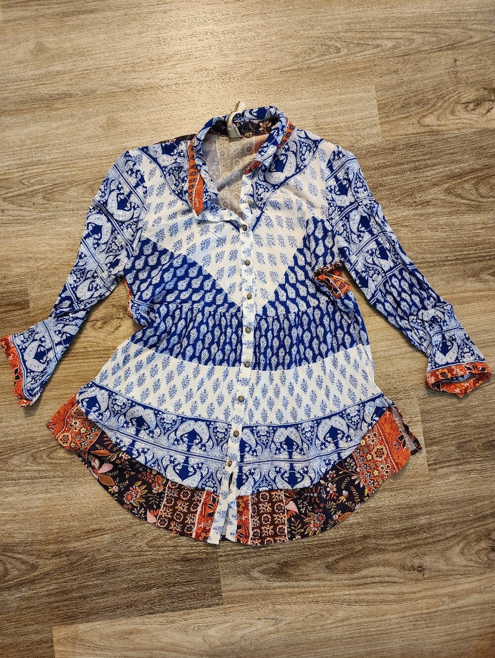 Aratta Blue and Orange Mixed-Print Button-Down Blouse